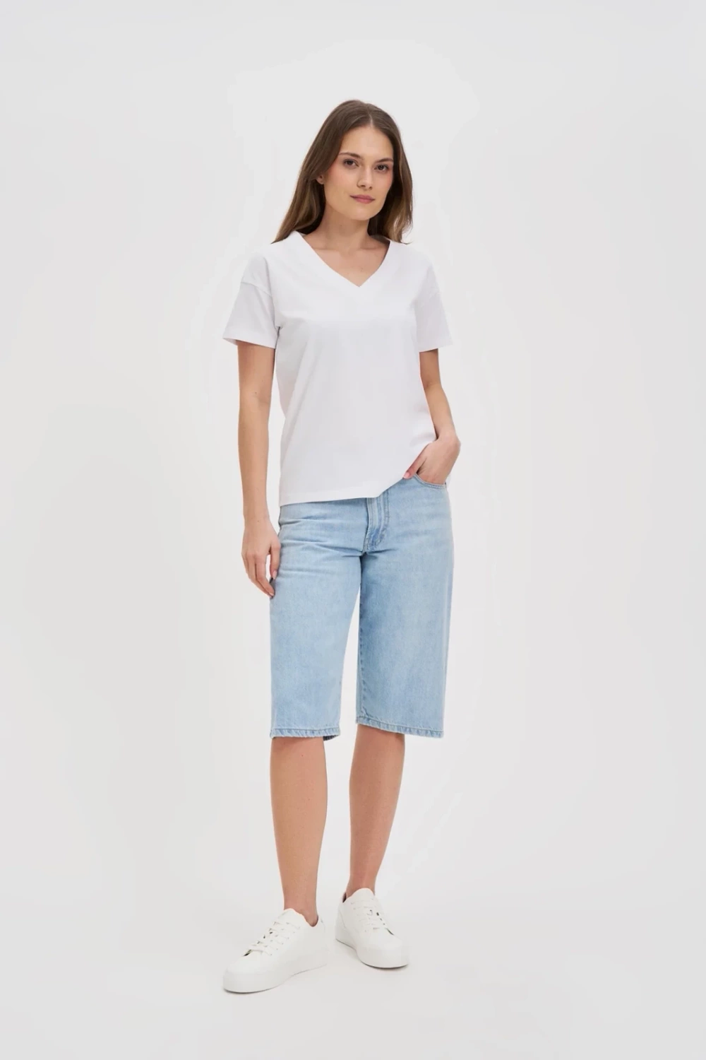 Marisse White Cotton V-Neck T-Shirt