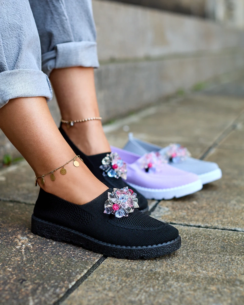 Resti Black women&#039;s fabric moccasins with crystals Fezens