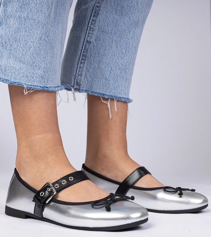 marka niezdefiniowana Silver women's ballet flats with bow Mansy
