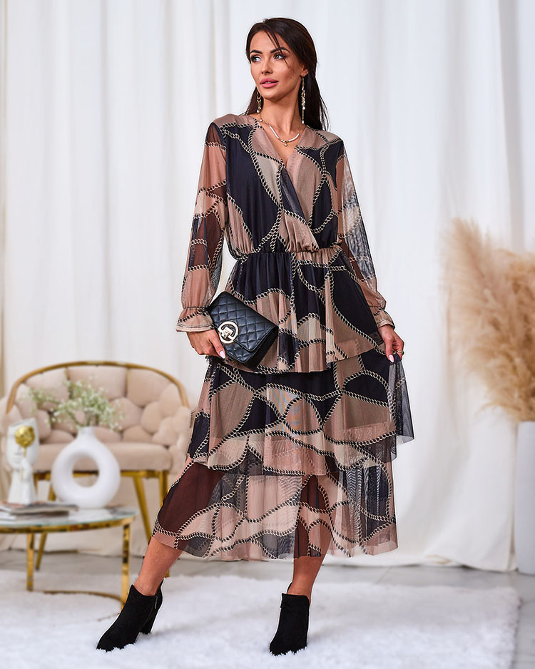 Resti Black and light brown mesh midi dress with print