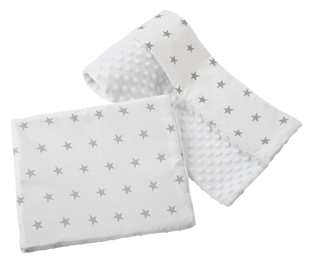 Medi Partners Quilt 75x100 + pillow 35x30 cotton + minky – Gray stars on white + white minky