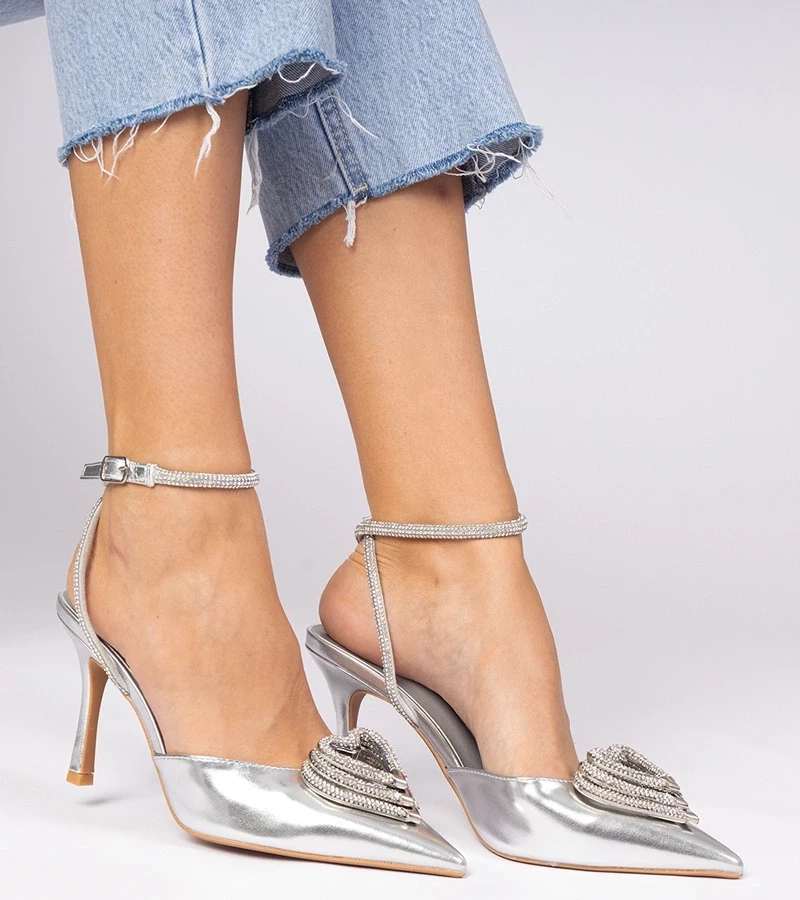 Gemre Pantofi cu toc argintii cu vârf deschis decorați cu zirconii Isoda