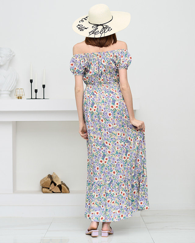 Resti Long summer green dress for women with purple flowers - Clothing