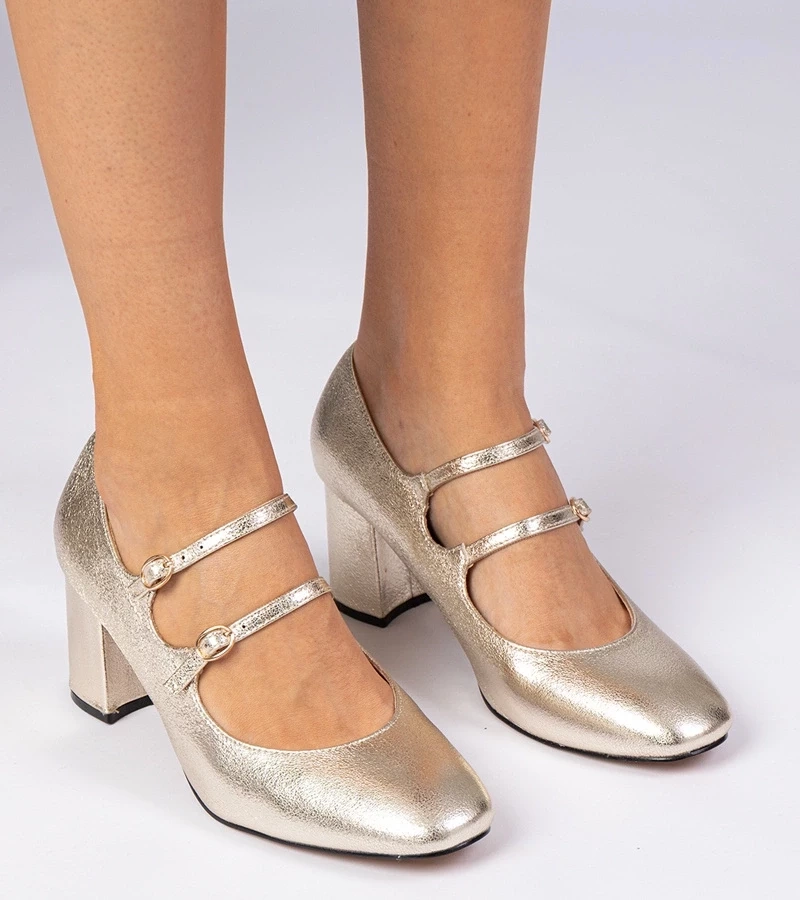 marka niezdefiniowana Gold women's pumps on a block heel with buckles Meloni