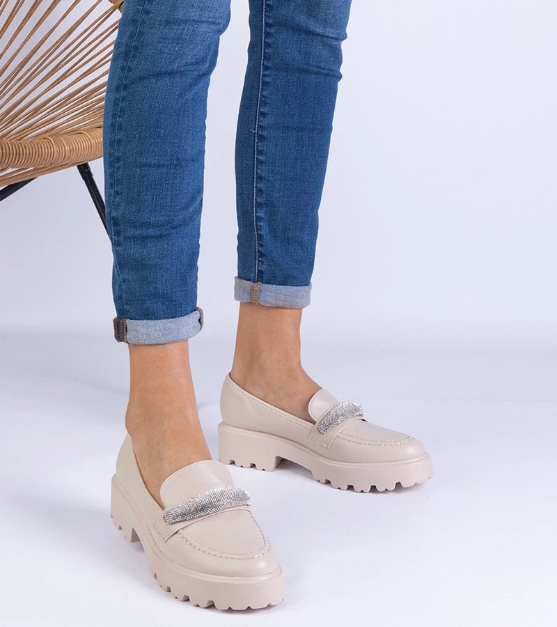 marka niezdefiniowana Beige women&#039;s loafers decorated with rhinestones Talentino