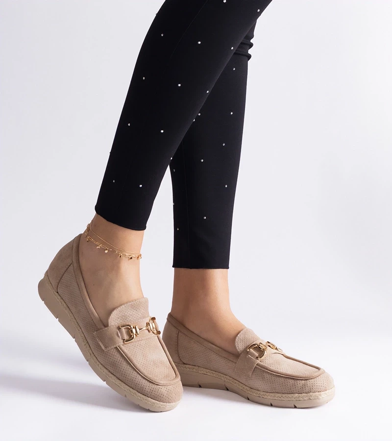 Gemre Mocasini bej perforați de damă din piele ecologică întoarsă Sandoval