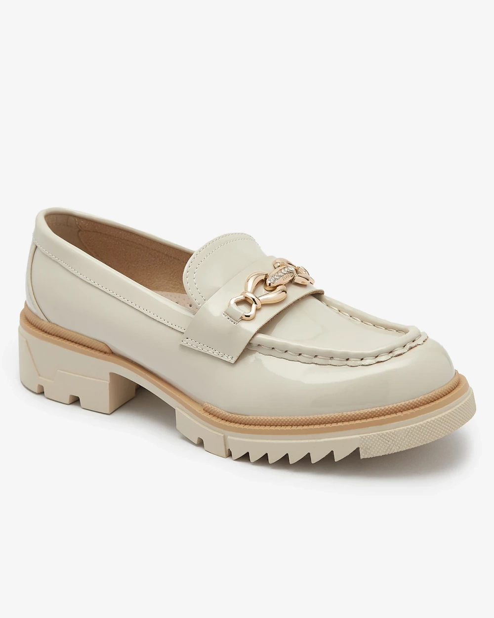 Resti Beige lacquered women&#039;s moccasins with chain Sotella - Footwear