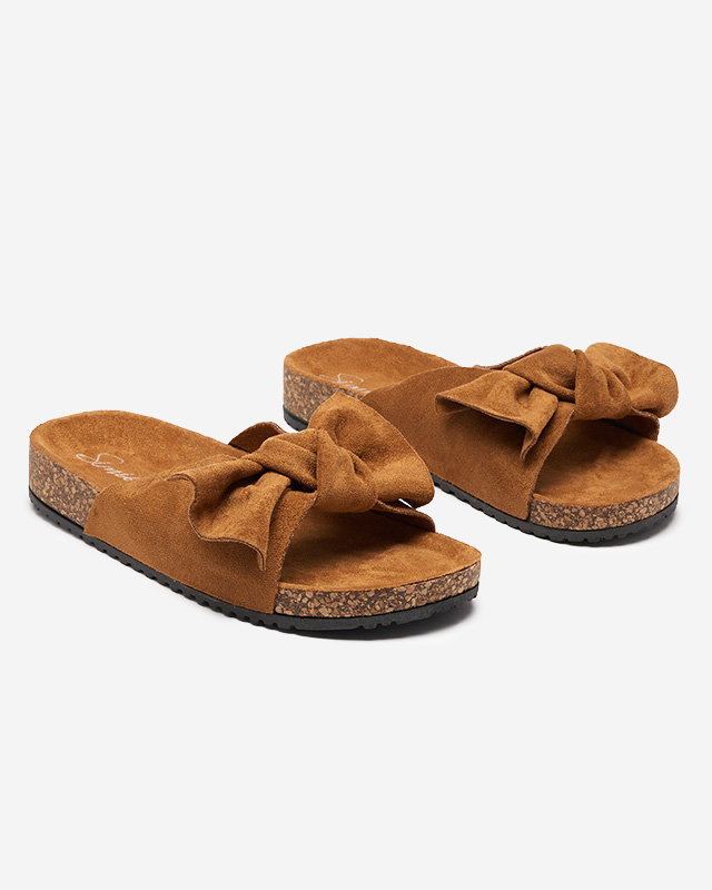 Dámske eko-semišové šľapky s mašľou v camel farbe