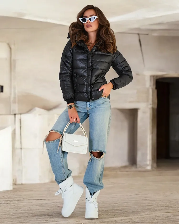 Resti Black womens quilted jacket with hood