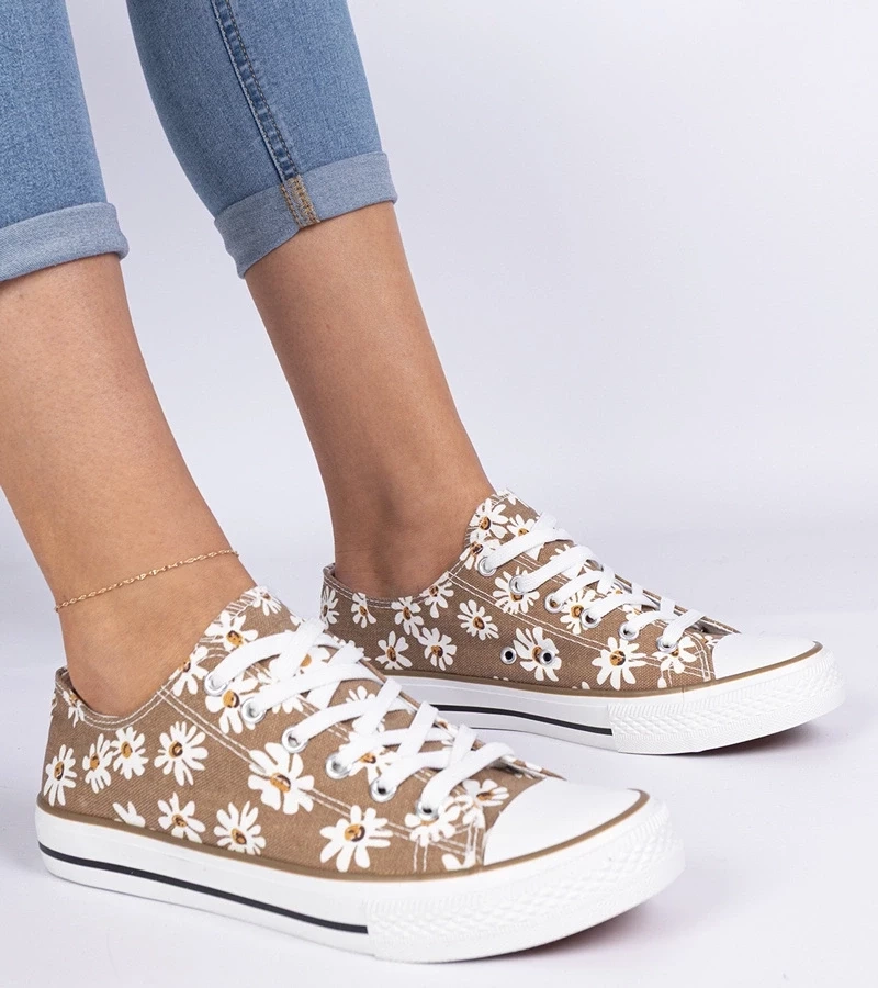 Gemre Teniși maro de damă din material cu floricele Lazates