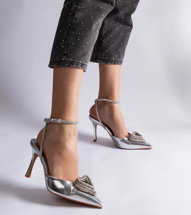 Gemre Pantofi cu toc argintii cu vârf deschis decorați cu zirconii Isoda
