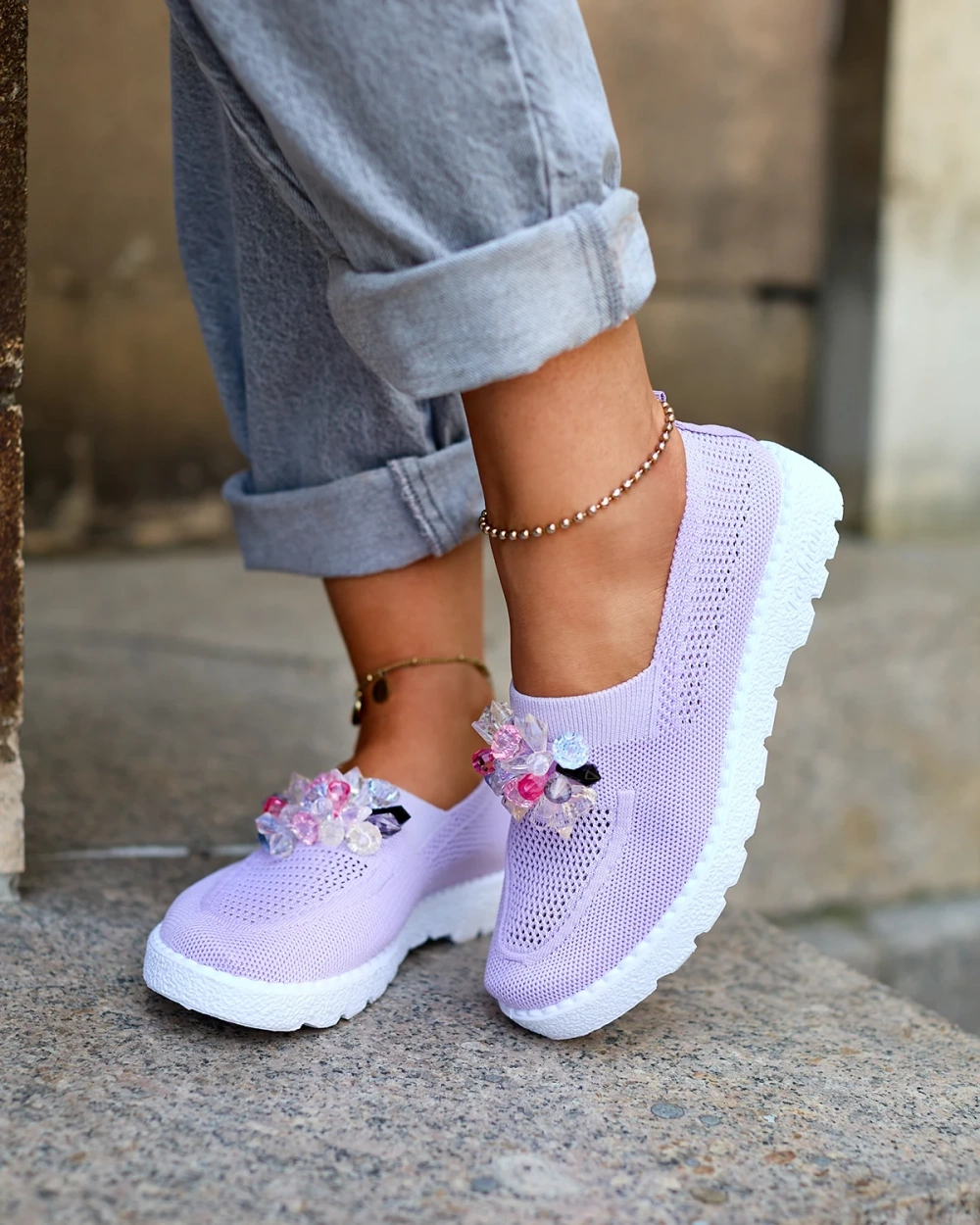 Resti Purple women&#039;s fabric moccasins with crystals Fezens