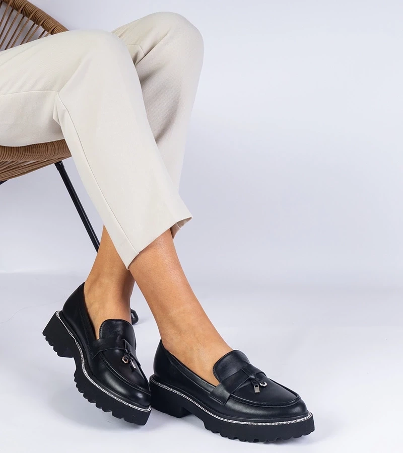 Gemre Mocasini negri de damă pe talpă groasă din piele decorați cu cristale Linsol