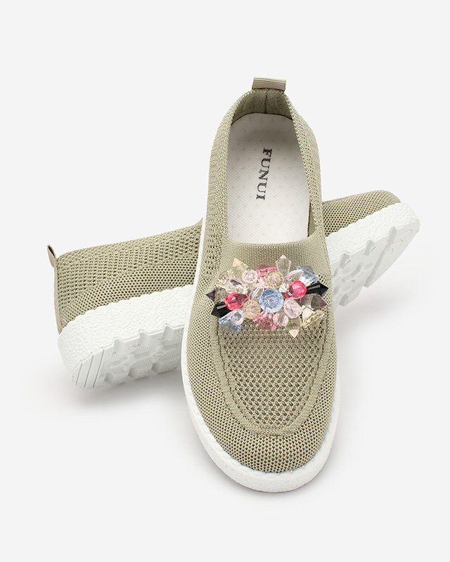 Resti Khaki women's fabric moccasins with crystals Fezens