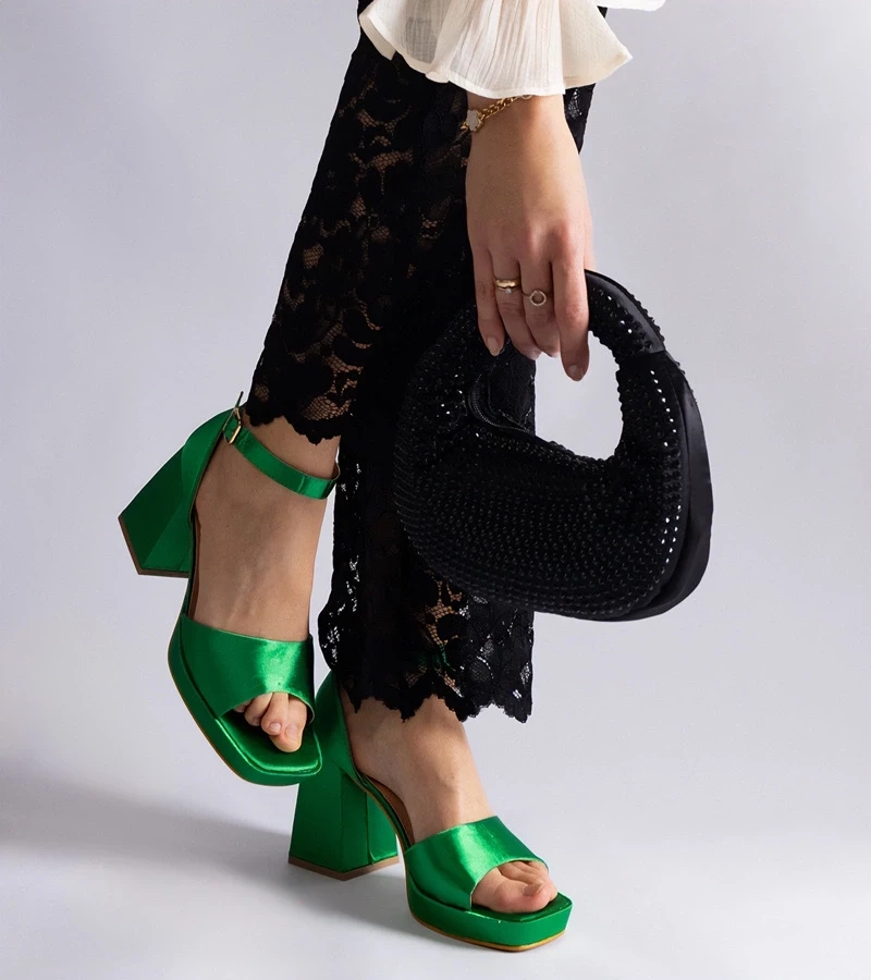 Gemre Sandale verzi din satin cu toc masiv Saucedo