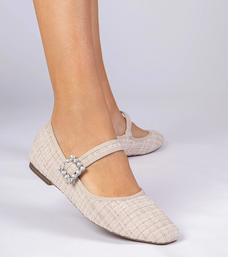marka niezdefiniowana Beige women's ballet flats with buckle and crystals Piona