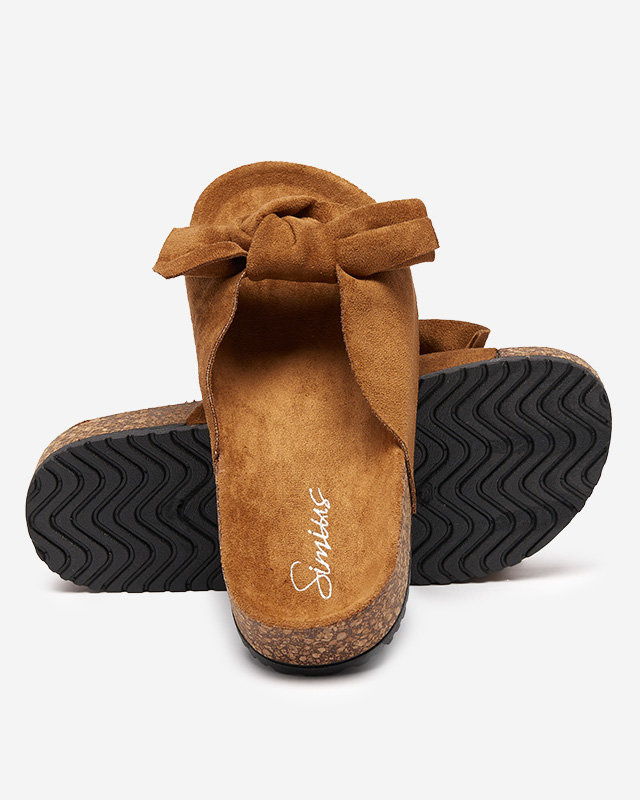 Dámske eko-semišové šľapky s mašľou v camel farbe