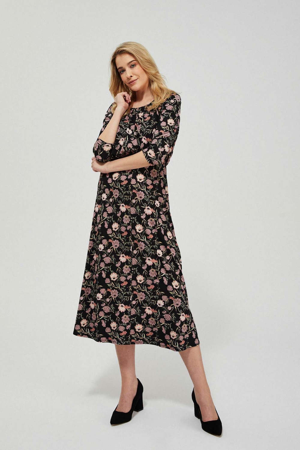 Marisse Floral Print Dress L-Su-3425 Black