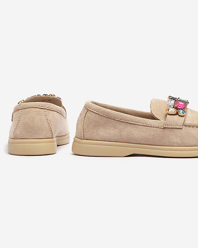 Resti Eco suede light brown women's moccasins with decorative crystals Nellens- Footwear