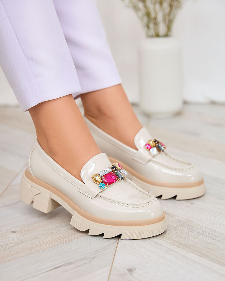 Resti Lacquered cream moccasins with colorful stones Sarin