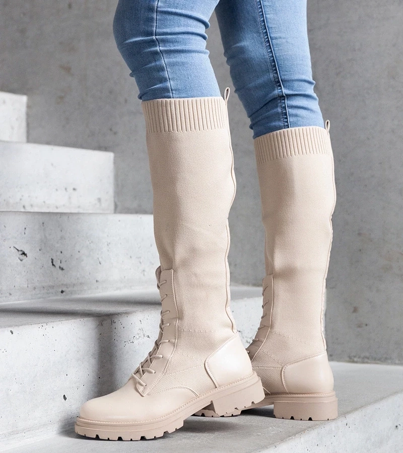 Gemre Cizme bej, cu elastic, din material, model Luana.