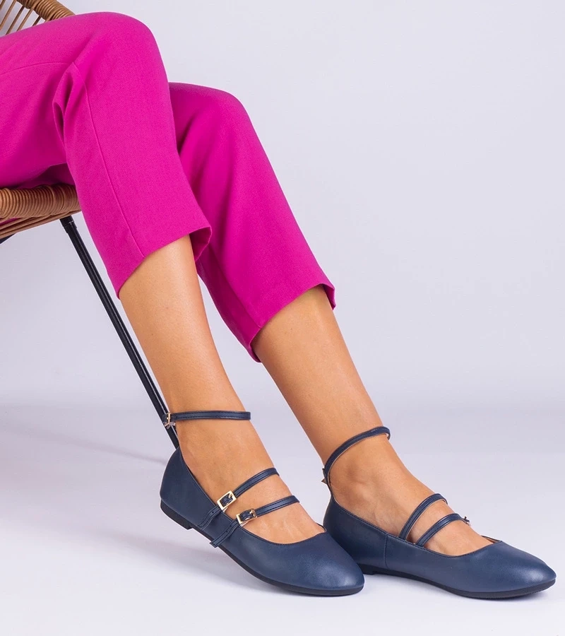 marka niezdefiniowana Navy blue eco-leather ballet flats with buckles Vitoldora