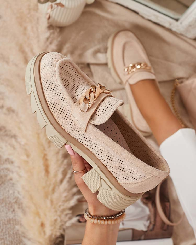 Resti Eco-suede moccasins with gold decoration in beige Zaffix- Footwear