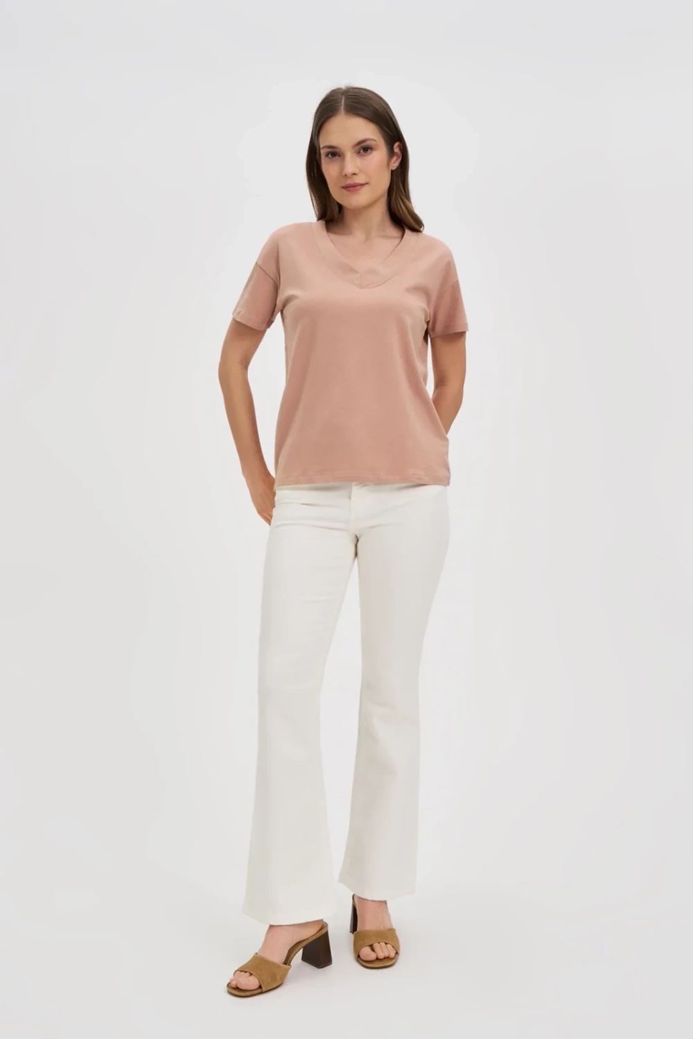 Marisse Beige Cotton V-Neck T-Shirt