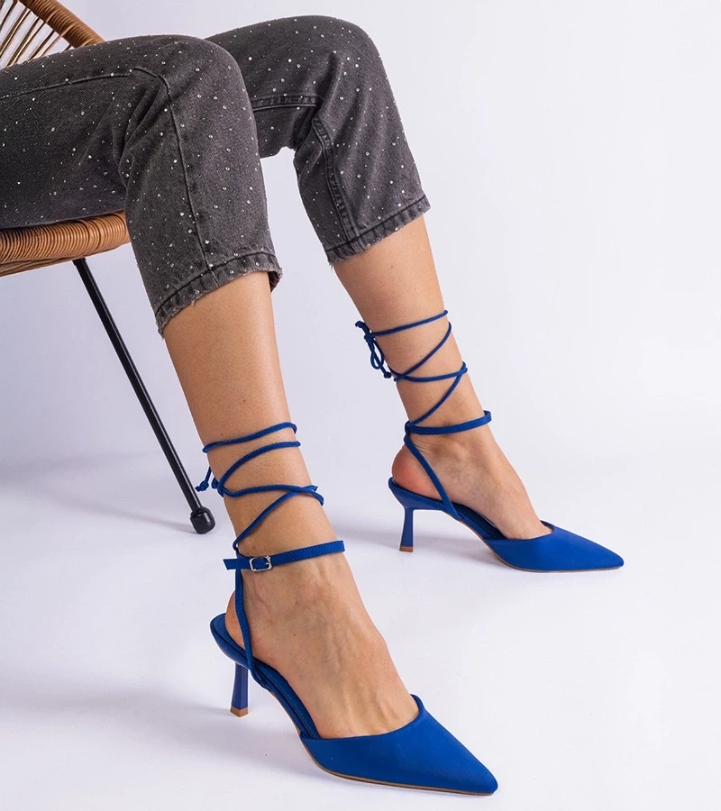 Gemre Pantofi cu toc albastru cu călcâi decupat legați în jurul gleznei Viktoriada