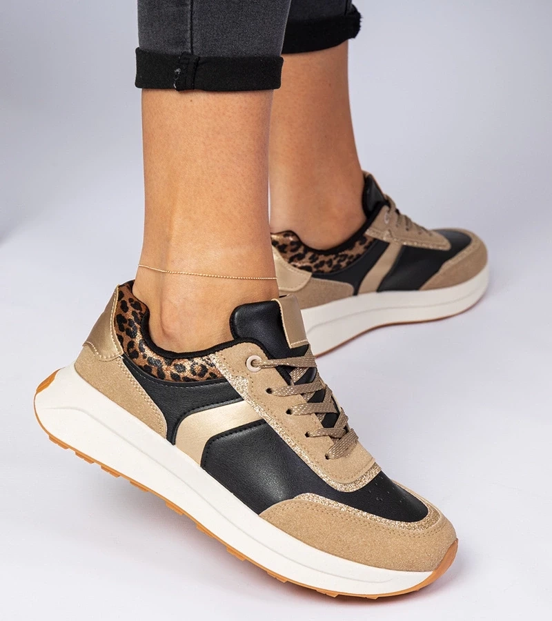 Gemre Adidași negri de damă cu sclipici și cu un model animalier Markuta