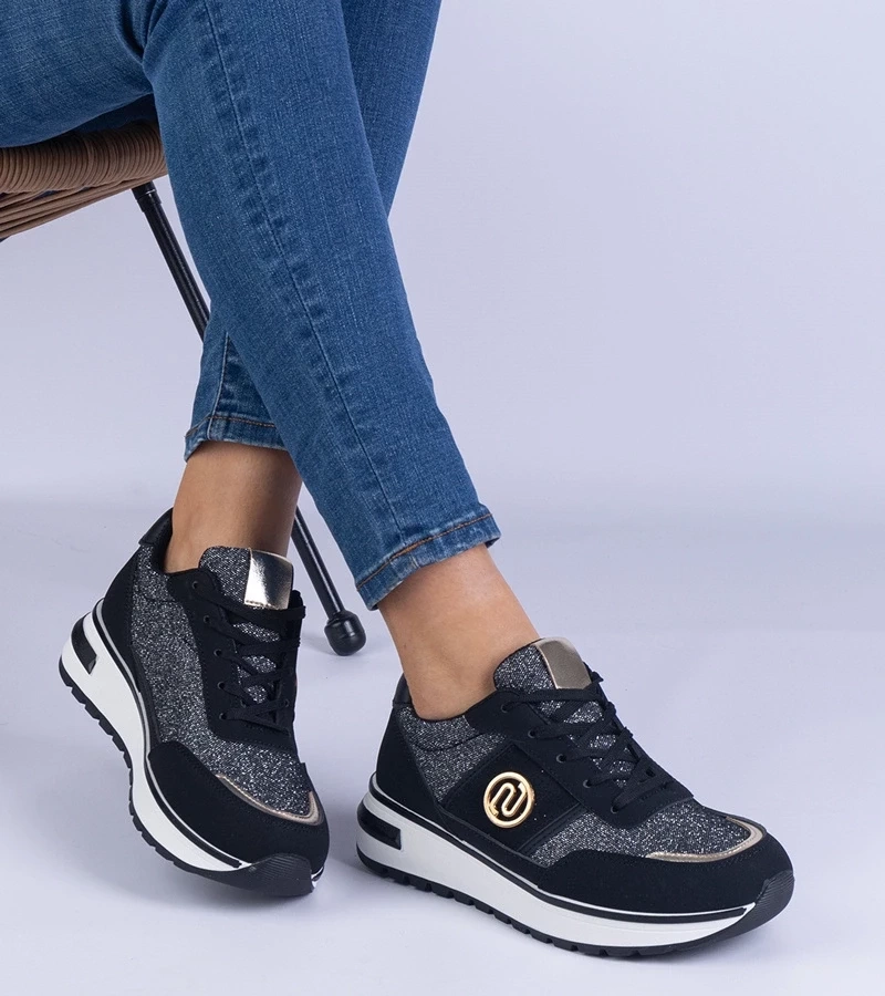 marka niezdefiniowana Black glitter sneakers with a gold embellishment Nadina