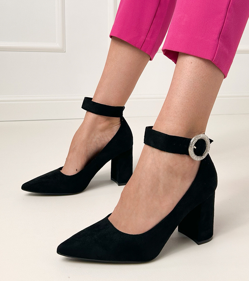 marka niezdefiniowana Pantofi negri cu toc gros, cataramă și cristale Vellus