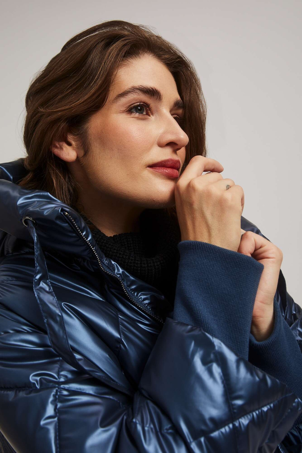 Marisse Navy Blue Metallic Quilted Jacket