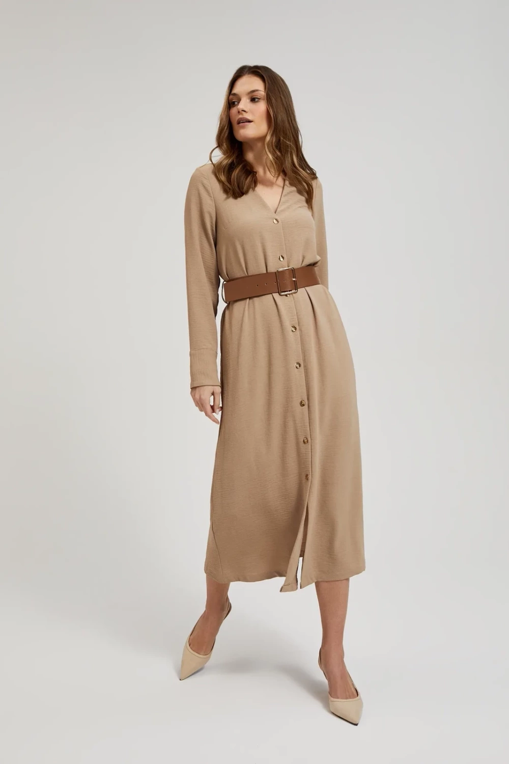 Marisse Beige Midi Dress With A Wide Belt