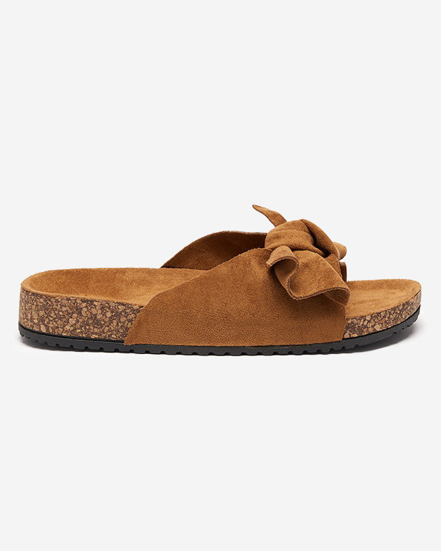 Dámske eko-semišové šľapky s mašľou v camel farbe