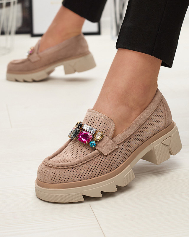 Resti Light brown openwork womens moccasins with ornament Bokkso- Footwear