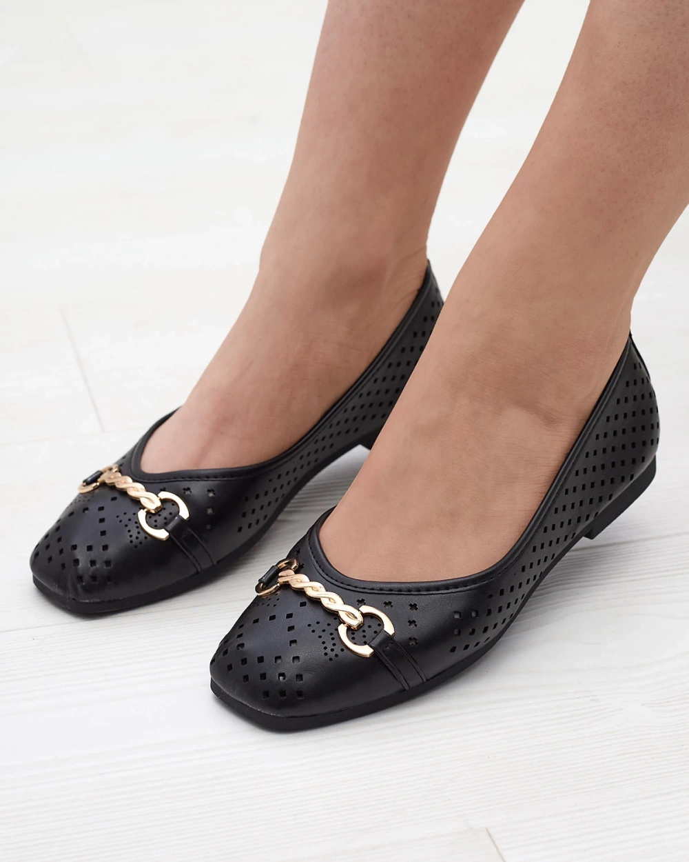 Resti Black womens openwork ballerinas with gold ornament Serilla- Footwear
