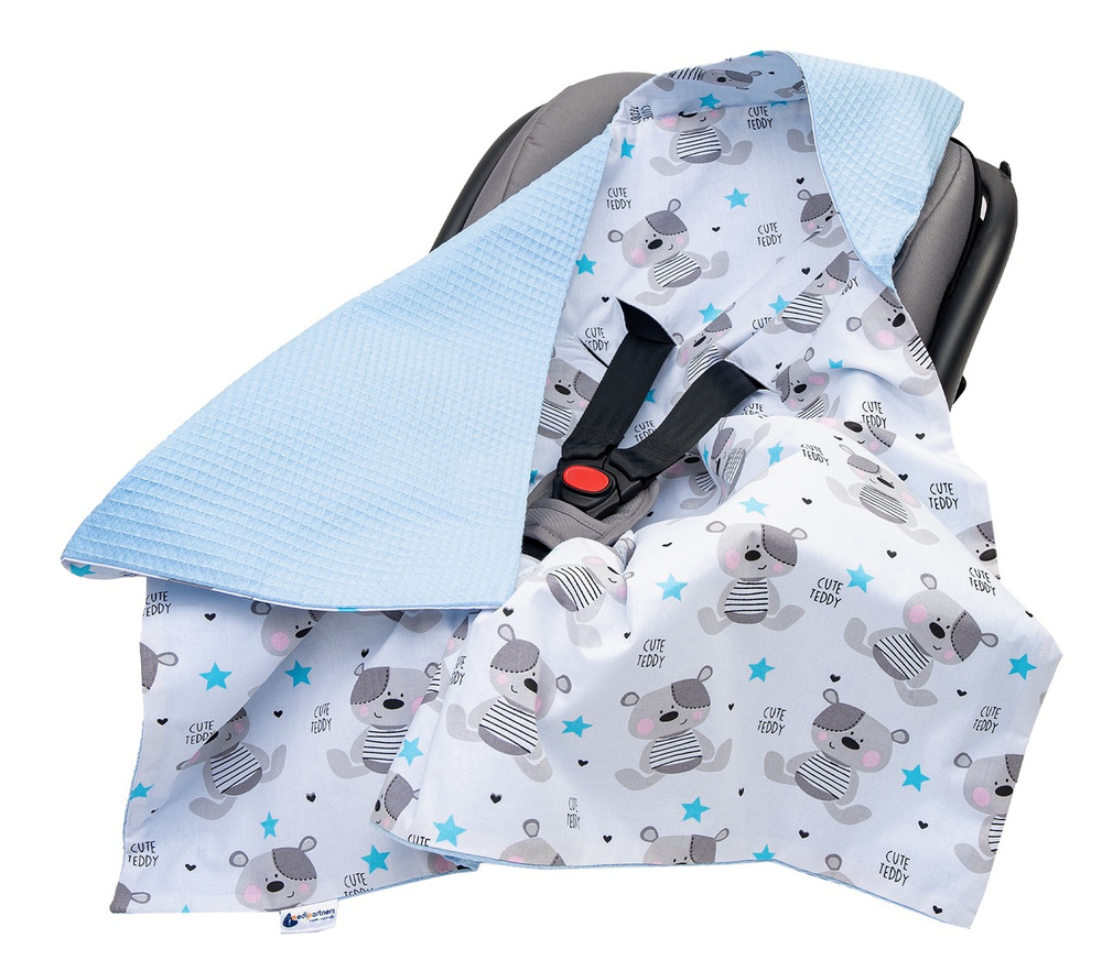 Medi Partners Baby carrier wrap – blanket with hood 85x85 cm – Wafel – Teddy + blue Wafel