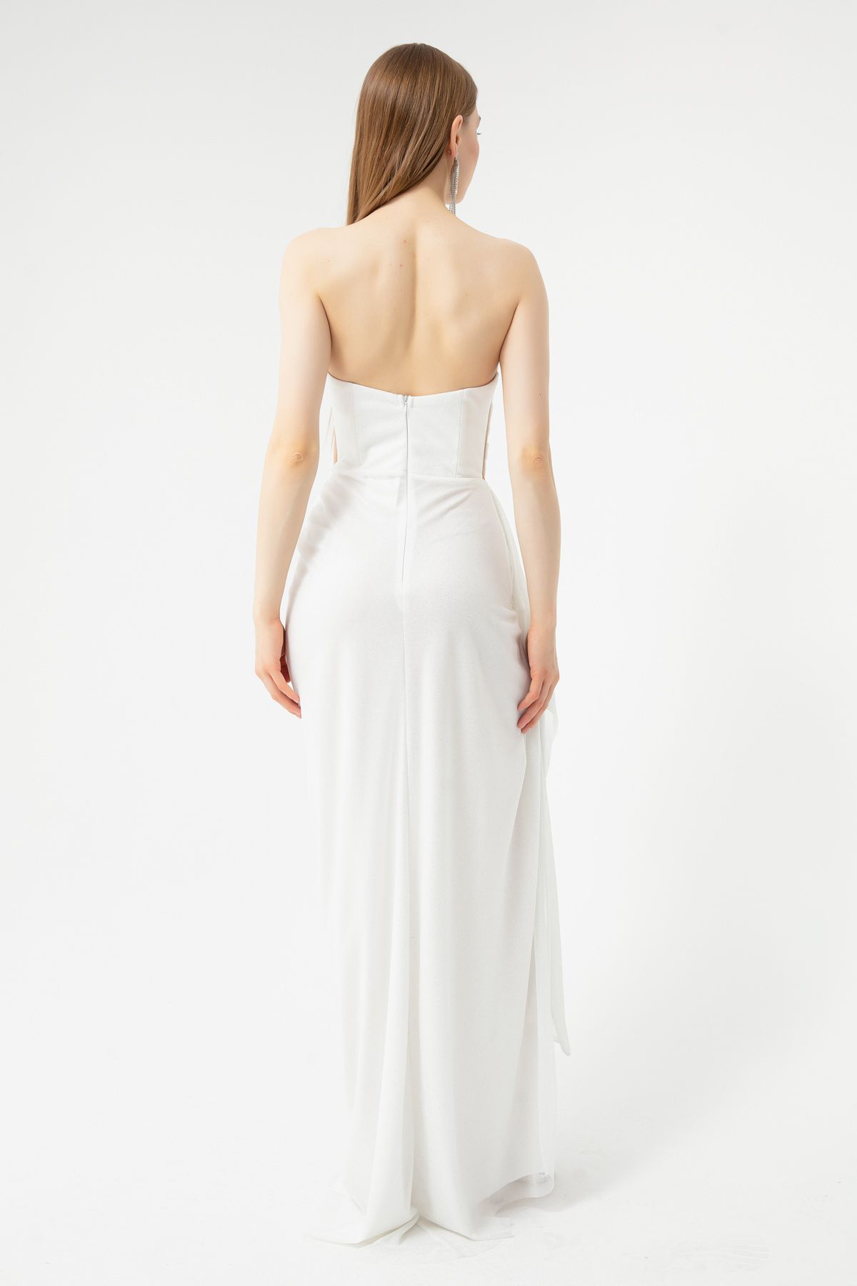 Lafaba Women's White Bust Draped Glittery Slit Evening Dress.