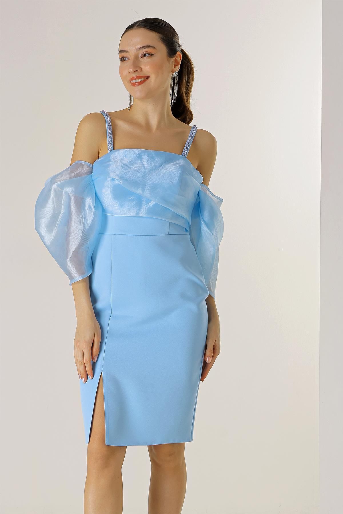 By Saygı Bead Detail Strap Organza Low Sleeve Lined Crepe Dress