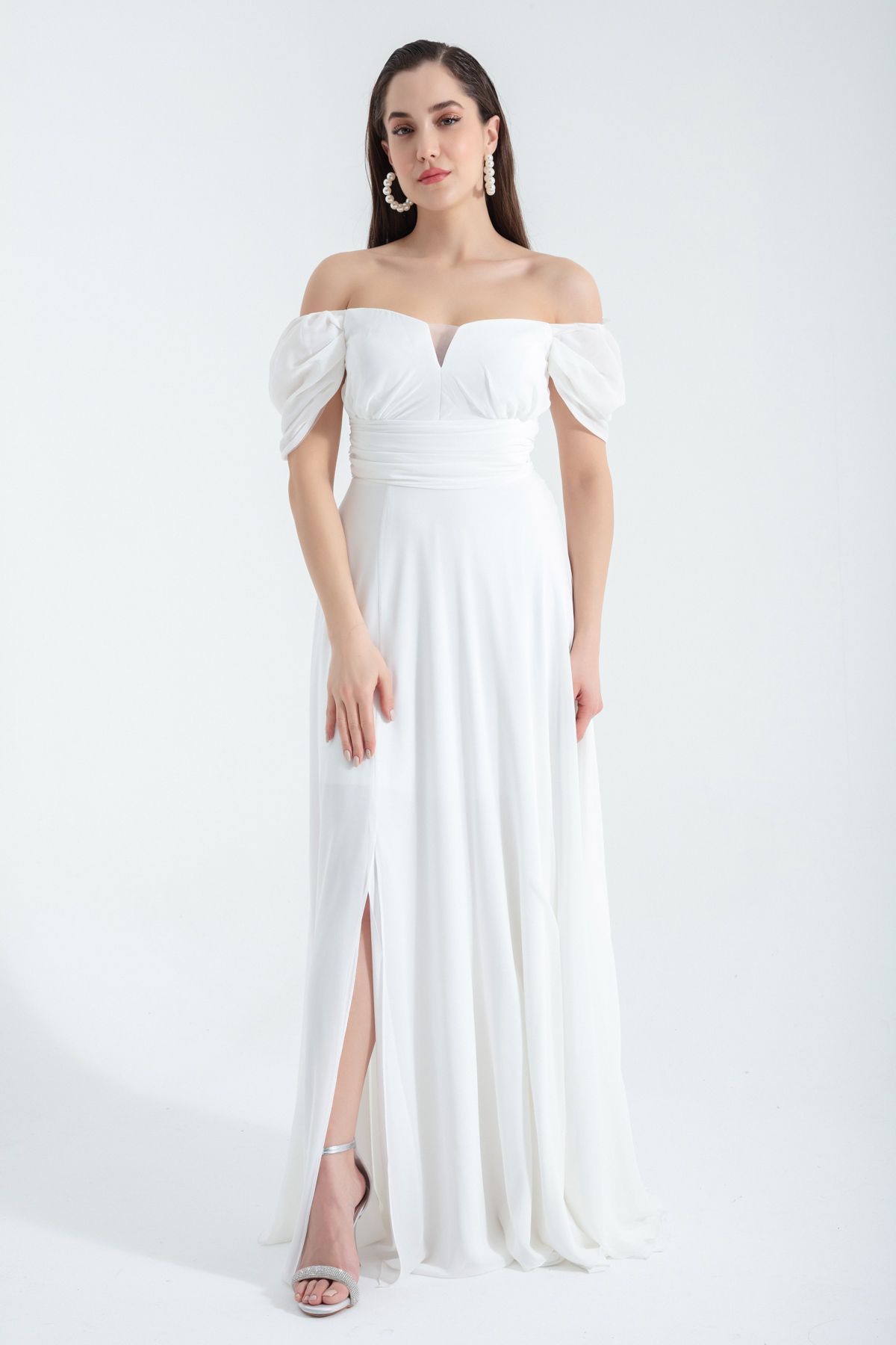 Lafaba Women's White Open Shoulder Slit Detailed Tulle Evening Dress