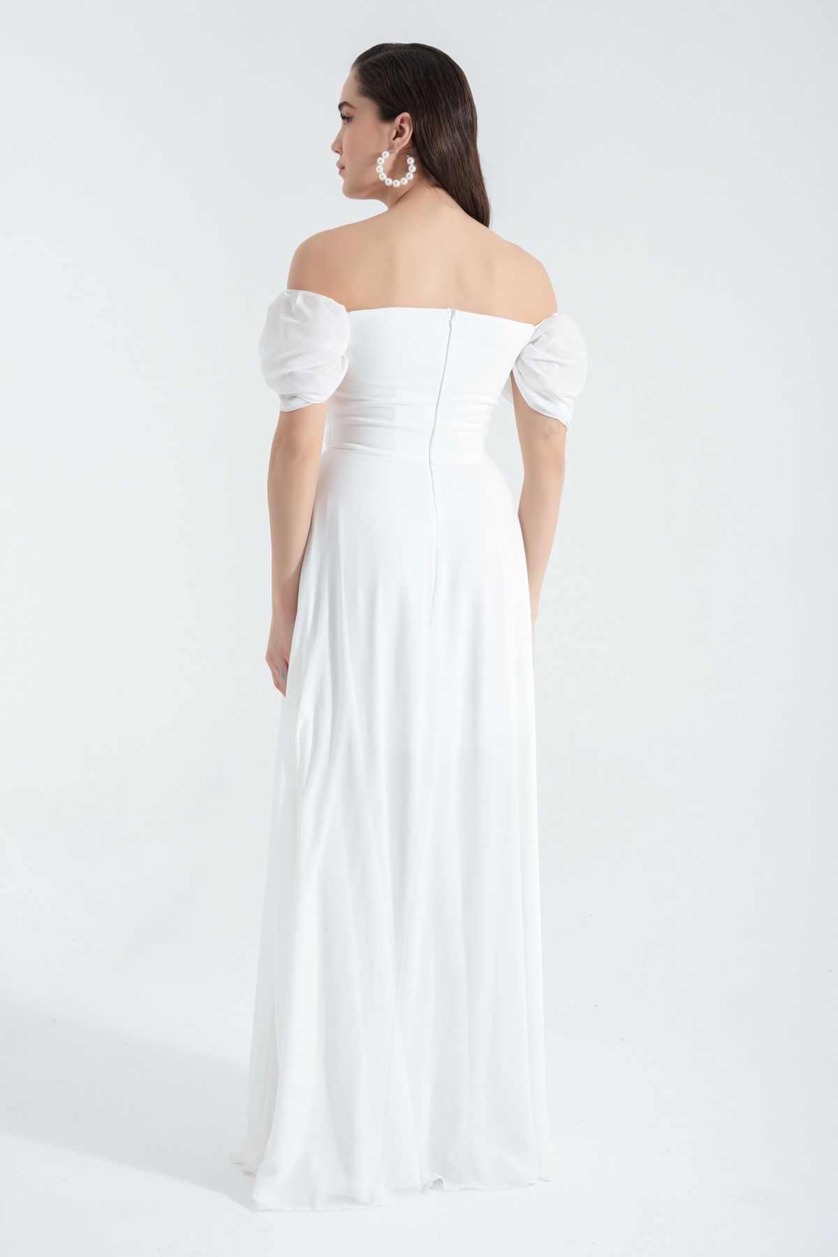 Lafaba Women's White Open Shoulder Slit Detailed Tulle Evening Dress