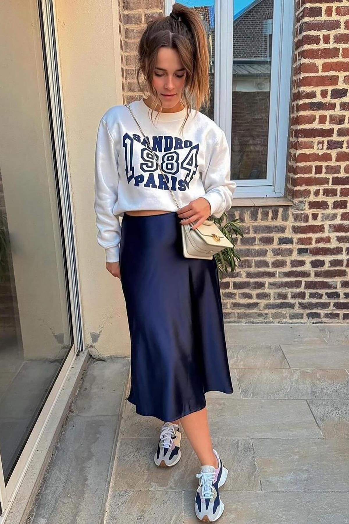 Madmext Navy Blue Basic Long Satin Skirt