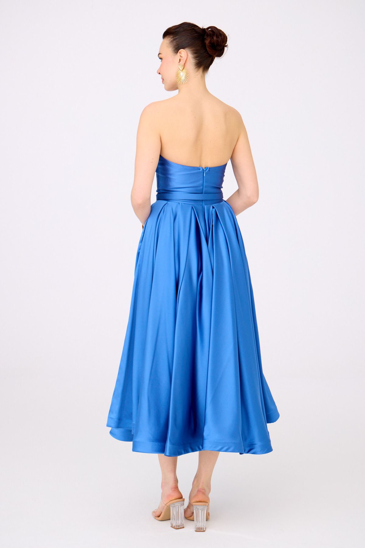 Carmen Indigo Satin Strapless Midi Promise Dress and Engagement Dress