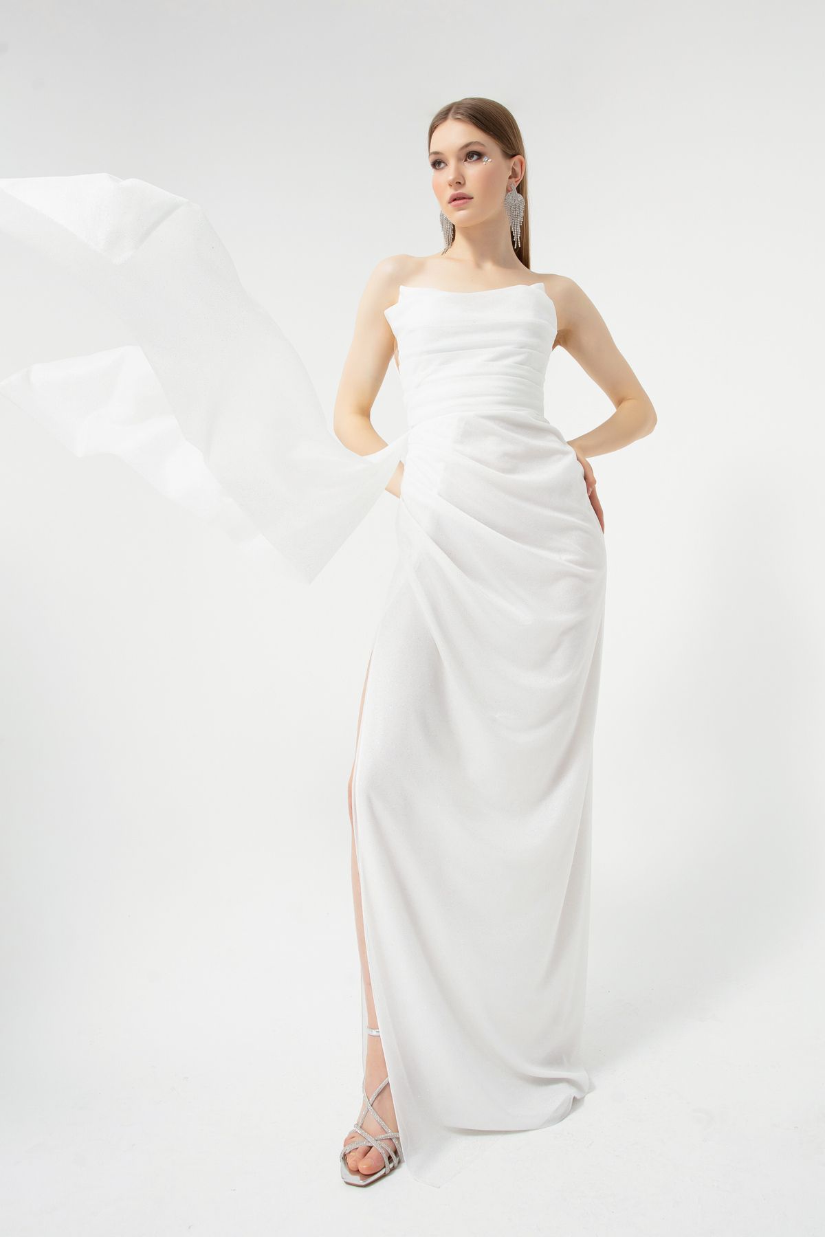 Lafaba Women's White Bust Draped Glittery Slit Evening Dress.