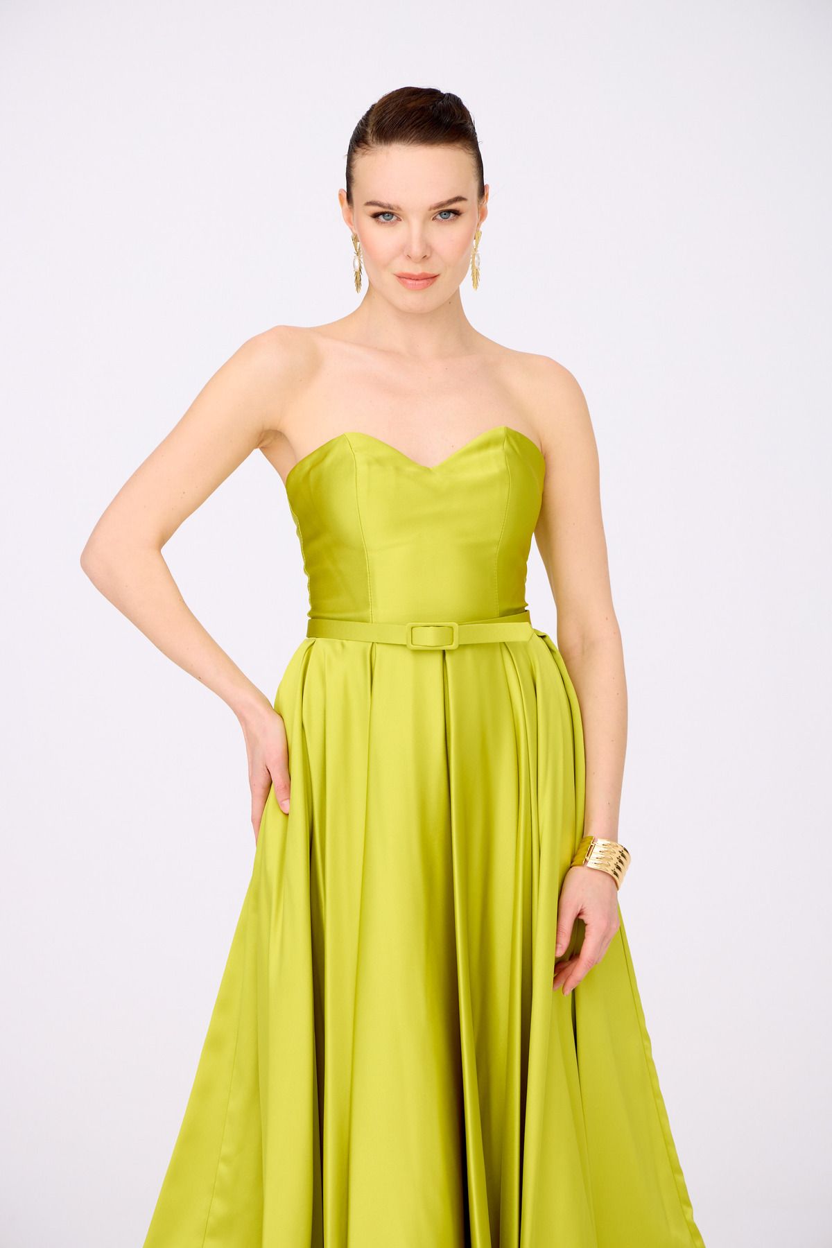 Carmen Pistachio Green Satin Strapless Midi Promise And Engagement Dress
