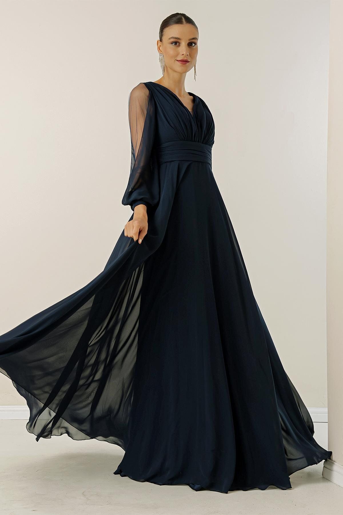 By Saygı Front Back V-Neck Front Draped Sleeves Tulle Lined Wide Size Long Chiffon Dress