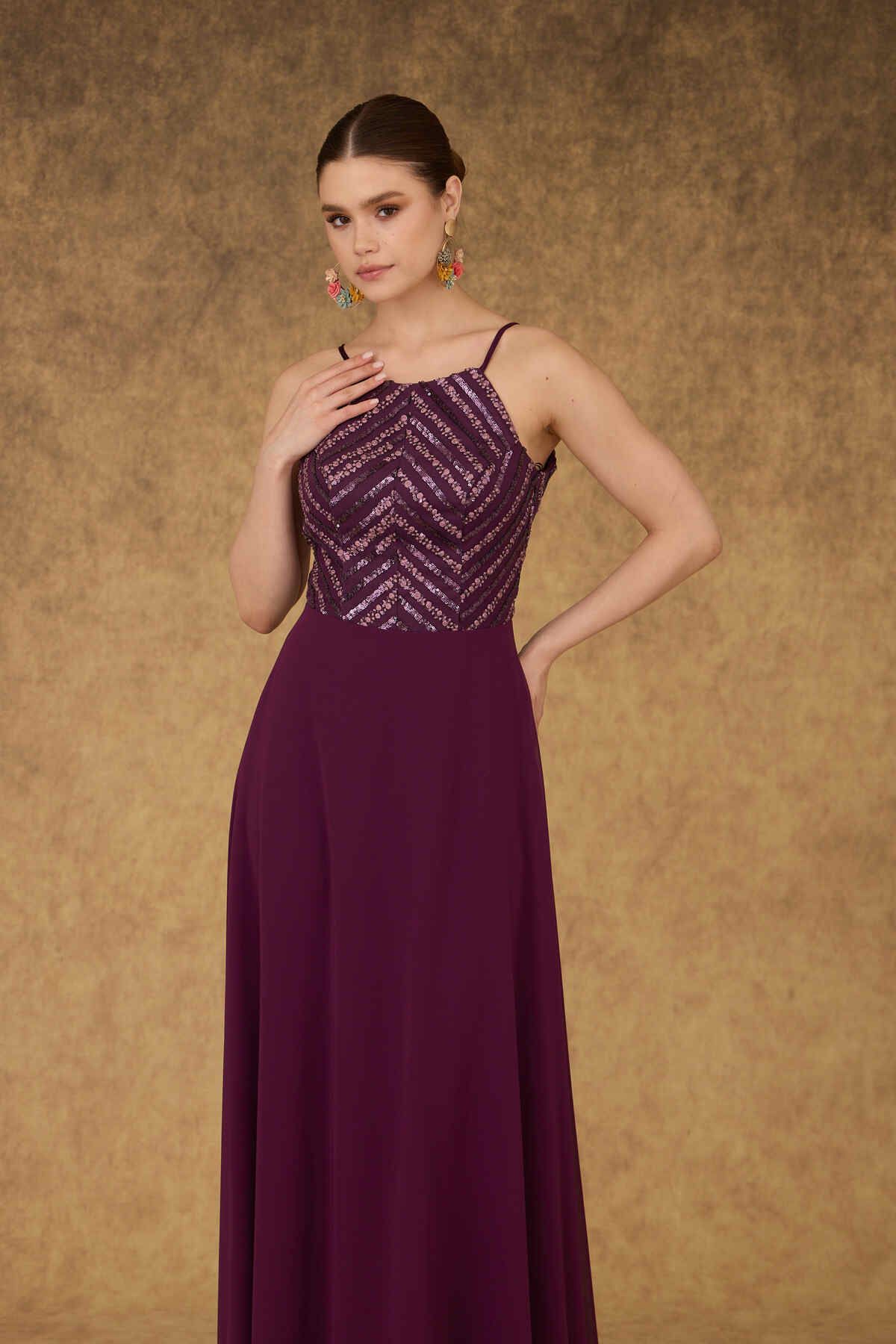 Carmen Plum Halter Sequined Long Evening Dress.