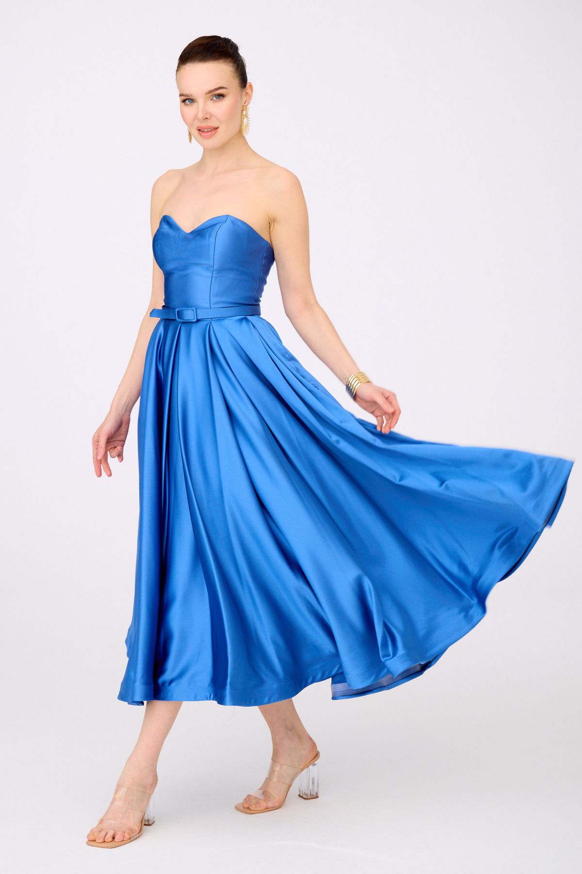 Carmen Indigo Satin Strapless Midi Promise Dress and Engagement Dress