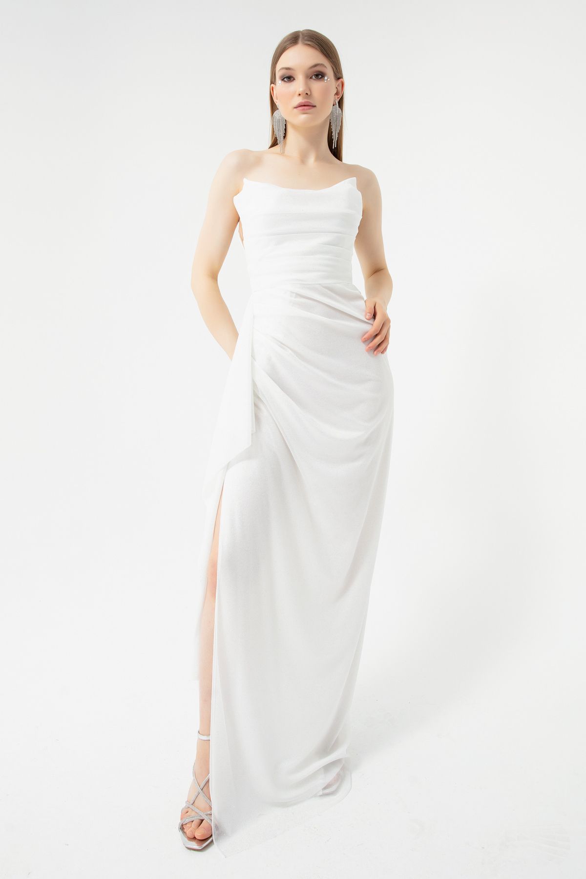 Lafaba Women's White Bust Draped Glittery Slit Evening Dress.